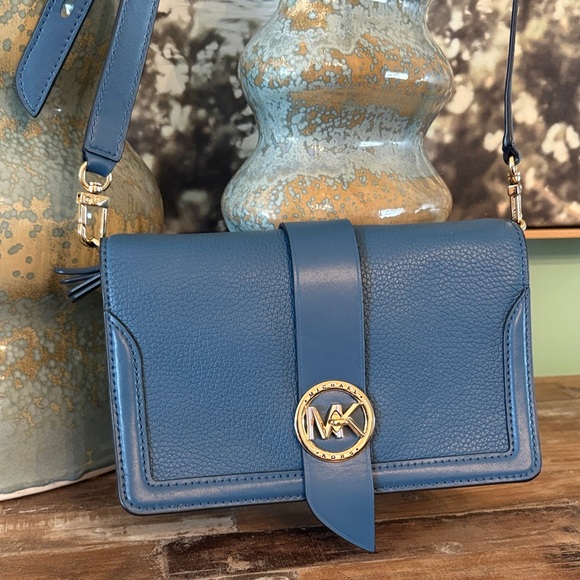 Michael Kors Handbags - New Michael Kors Denim Blue Pebbled Leather Crossbody with Gold MK Emblem